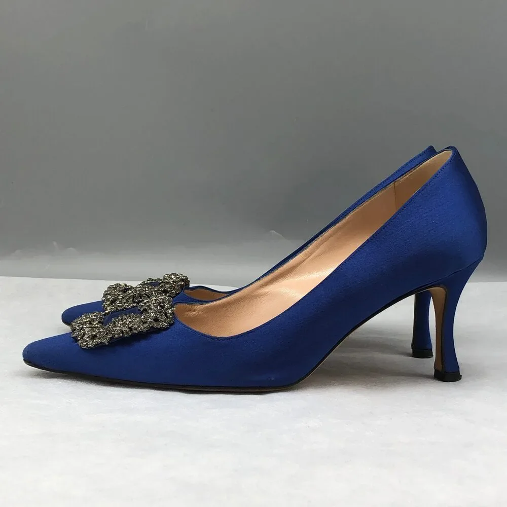 Manolo Blahnik Cobalt Satin Pointed-Toe Pumps with Jeweled Buckle - Picture 3 of 10